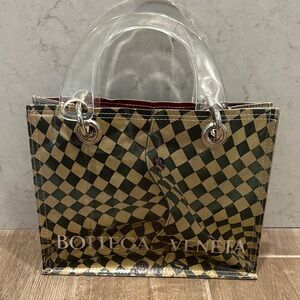 Couture Planet Bottega Veneta Green and Cream Check PVC Tote with Clear Handles
